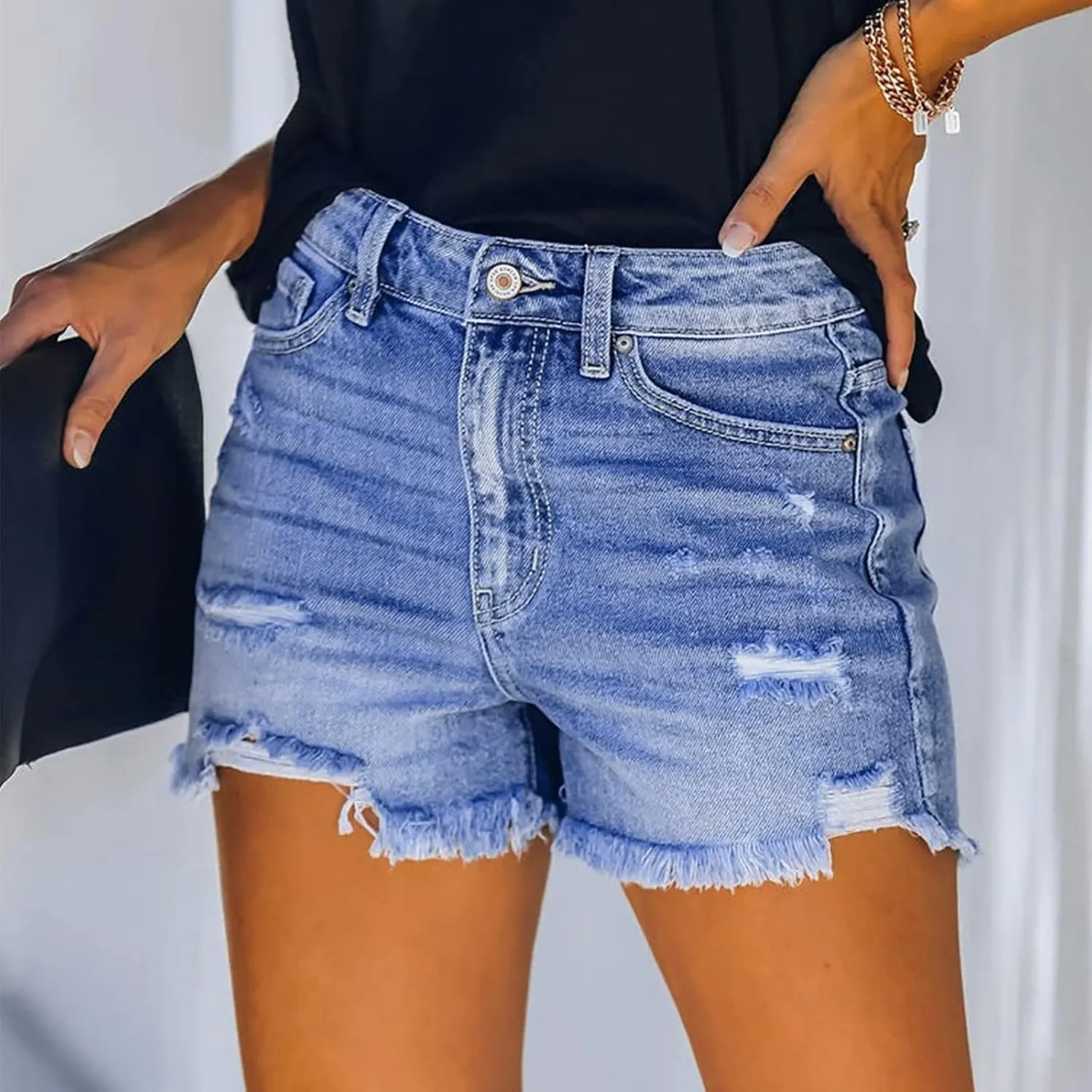 Women Denim Shorts Casual Summer Mid Waist Stretchy Jean Shorts Trendy Blue Ripped Frayed Raw Hem Distressed Shorts