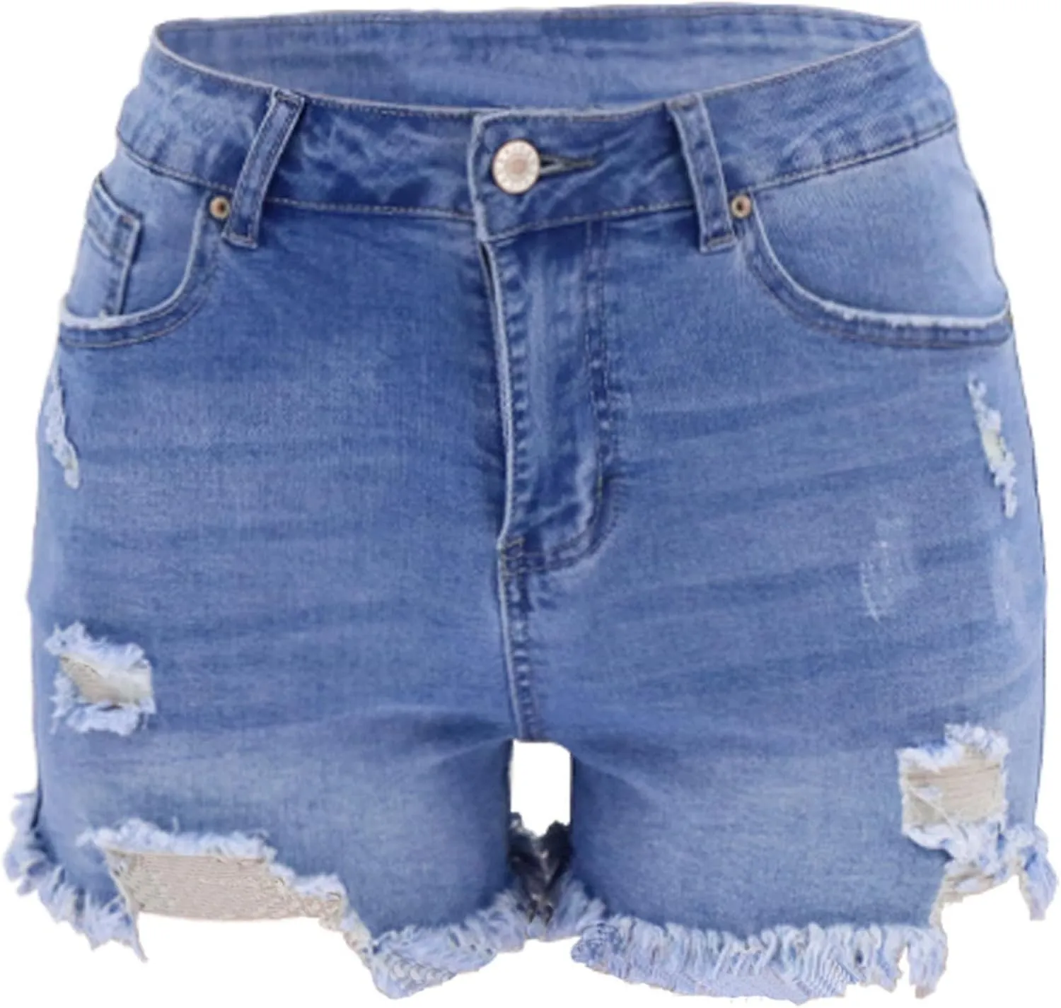 Women Denim Shorts Casual Summer Mid Waist Stretchy Jean Shorts Trendy Blue Ripped Frayed Raw Hem Distressed Shorts