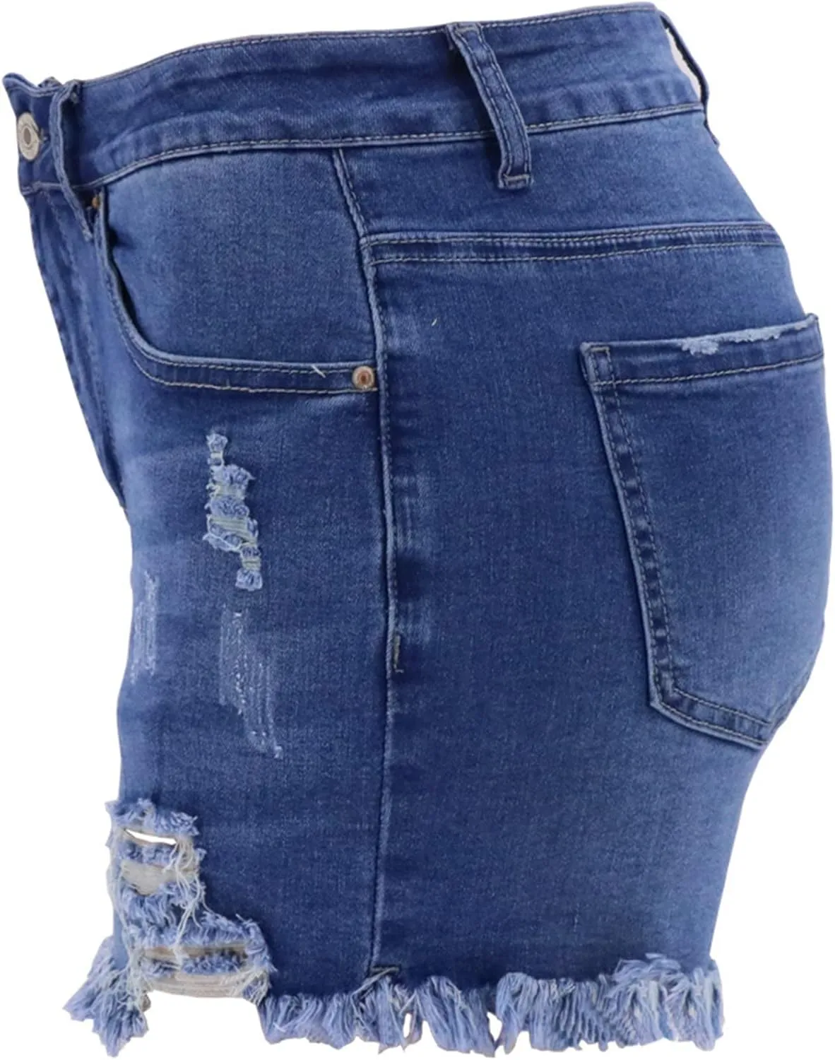 Women Denim Shorts Casual Summer Mid Waist Stretchy Jean Shorts Trendy Blue Ripped Frayed Raw Hem Distressed Shorts