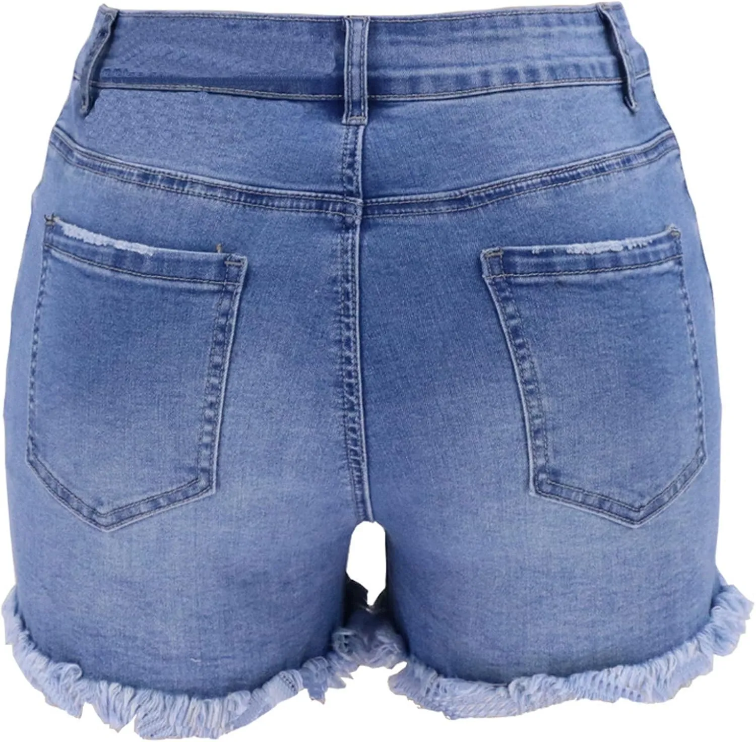 Women Denim Shorts Casual Summer Mid Waist Stretchy Jean Shorts Trendy Blue Ripped Frayed Raw Hem Distressed Shorts