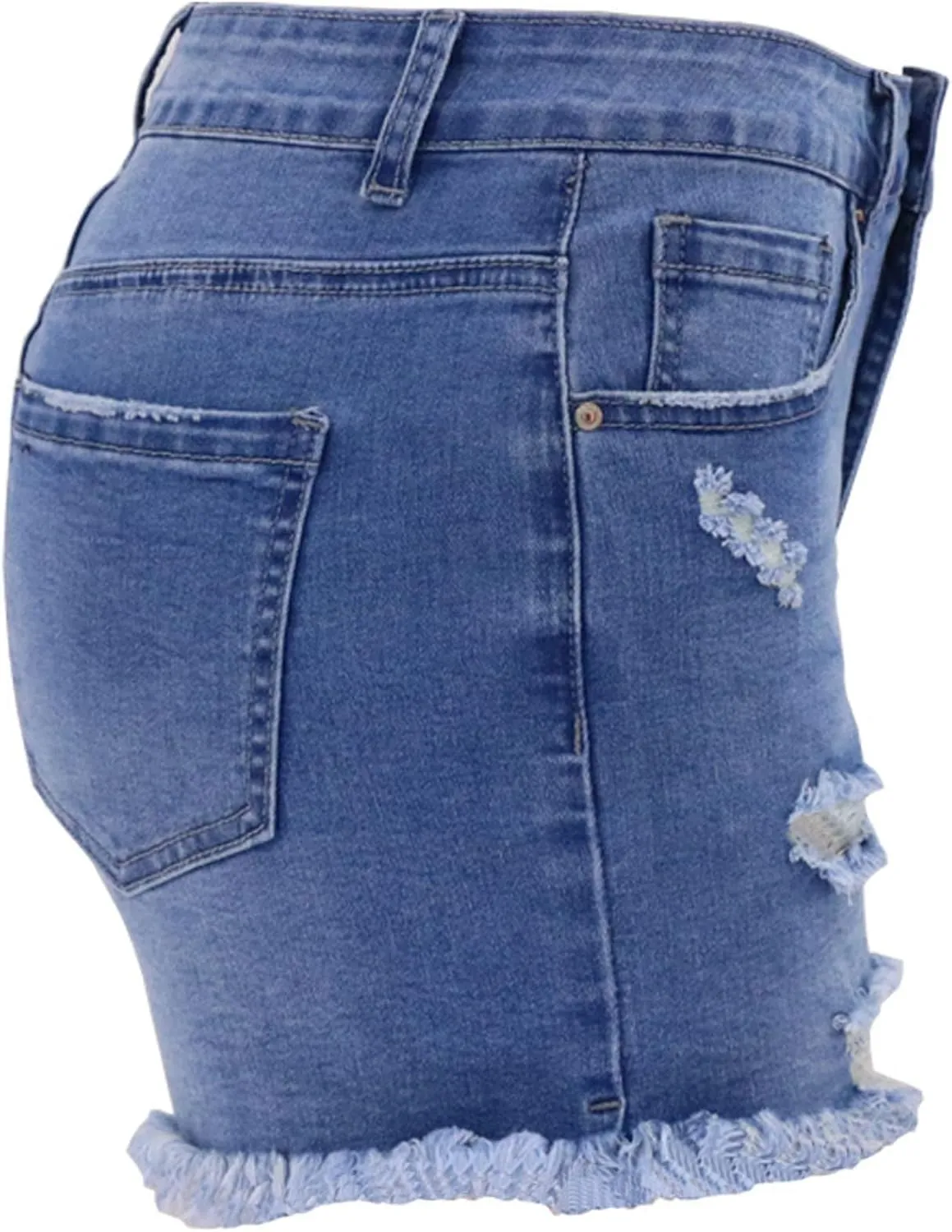 Women Denim Shorts Casual Summer Mid Waist Stretchy Jean Shorts Trendy Blue Ripped Frayed Raw Hem Distressed Shorts