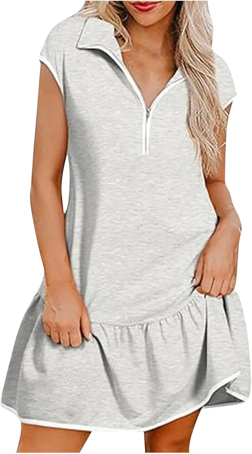 Women Dresses Casual Spring Summer Colorblock Cap Sleeve Half Zip Patchwork Tunic Mini Dress Flowy Swing Ruffles Dress