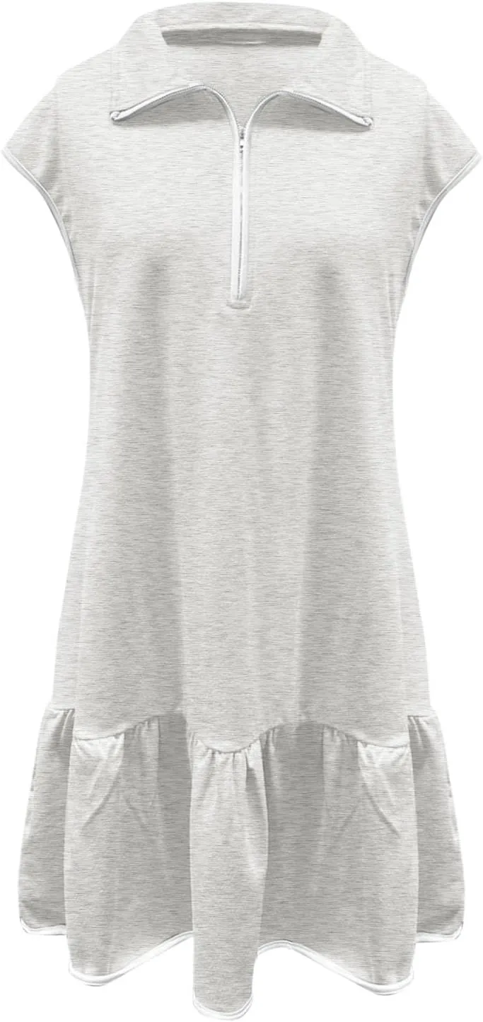 Women Dresses Casual Spring Summer Colorblock Cap Sleeve Half Zip Patchwork Tunic Mini Dress Flowy Swing Ruffles Dress