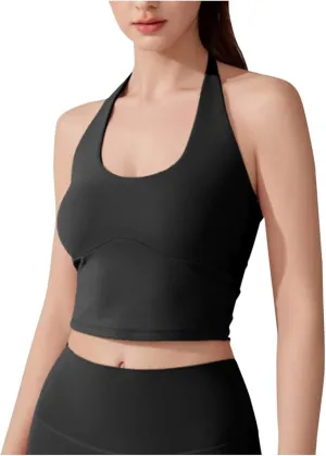 Women Halter Neck Sports Tank Tops with Built-in Bra Summer Sleeveless Blouse Crop Top Gym Stretch Fitness Basic Tees