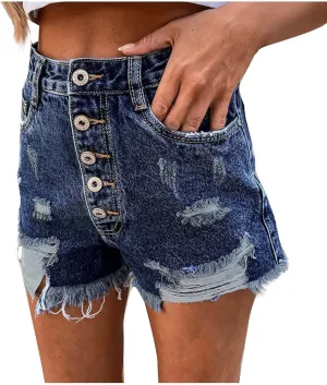 Women High Waisted Jean Shorts Frayed Raw Hem Ripped Distressed Shorts Casual Stretchy Hot Denim Shorts for Summer