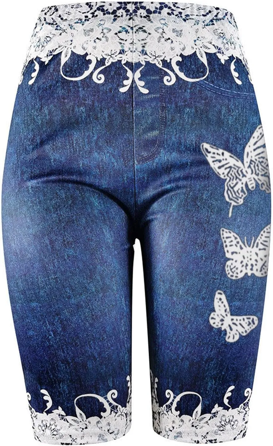 Women High Waisted Stretch Bermuda Shorts Lace Hem Distressed Jean Shorts Plus Size Denim Butt Lift Shorts Yoga Pants