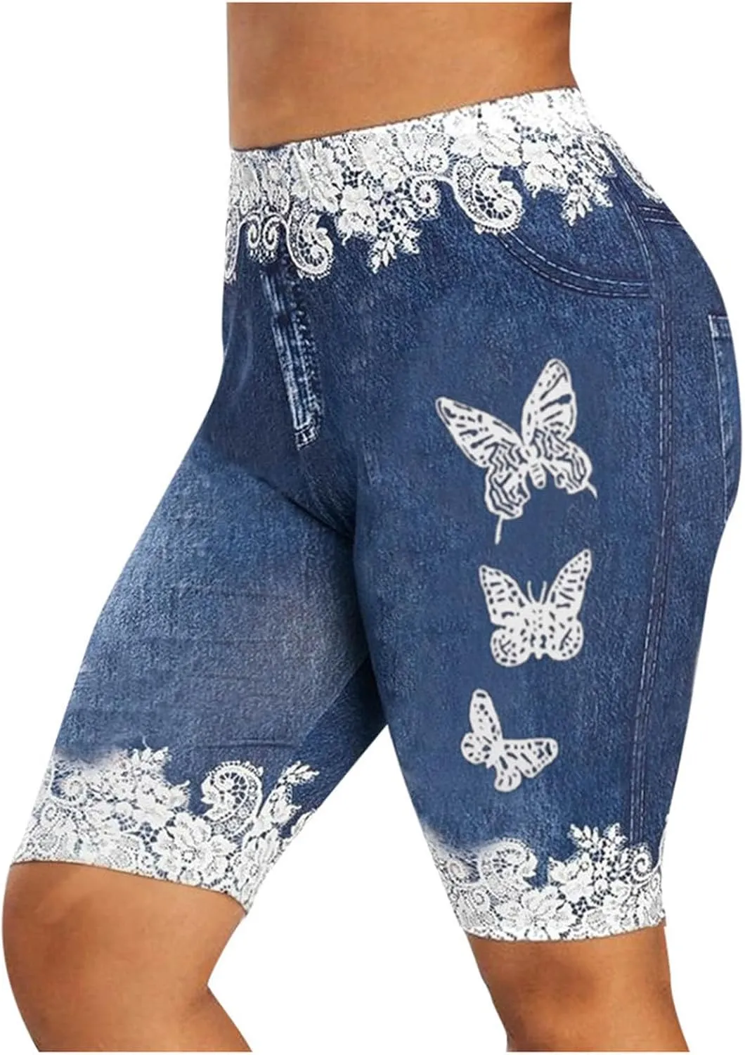 Women High Waisted Stretch Bermuda Shorts Lace Hem Distressed Jean Shorts Plus Size Denim Butt Lift Shorts Yoga Pants