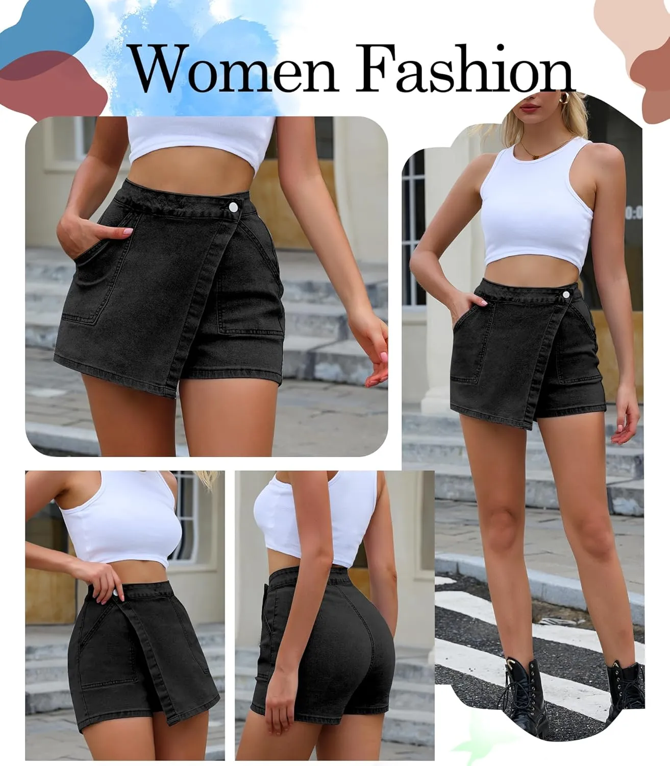 Women High Waisted Wrap Denim Shorts Casual Y2k Denim Cargo Jeasn Skort Cross Over Waist Asymmetrical Mini Shorts