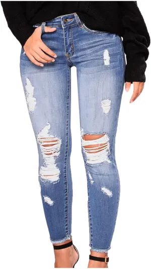 Women Jeans Fit High Waisted Ripped Distressed Stretchy Denim Pants Casual Straight Leg Jeans Long Pants