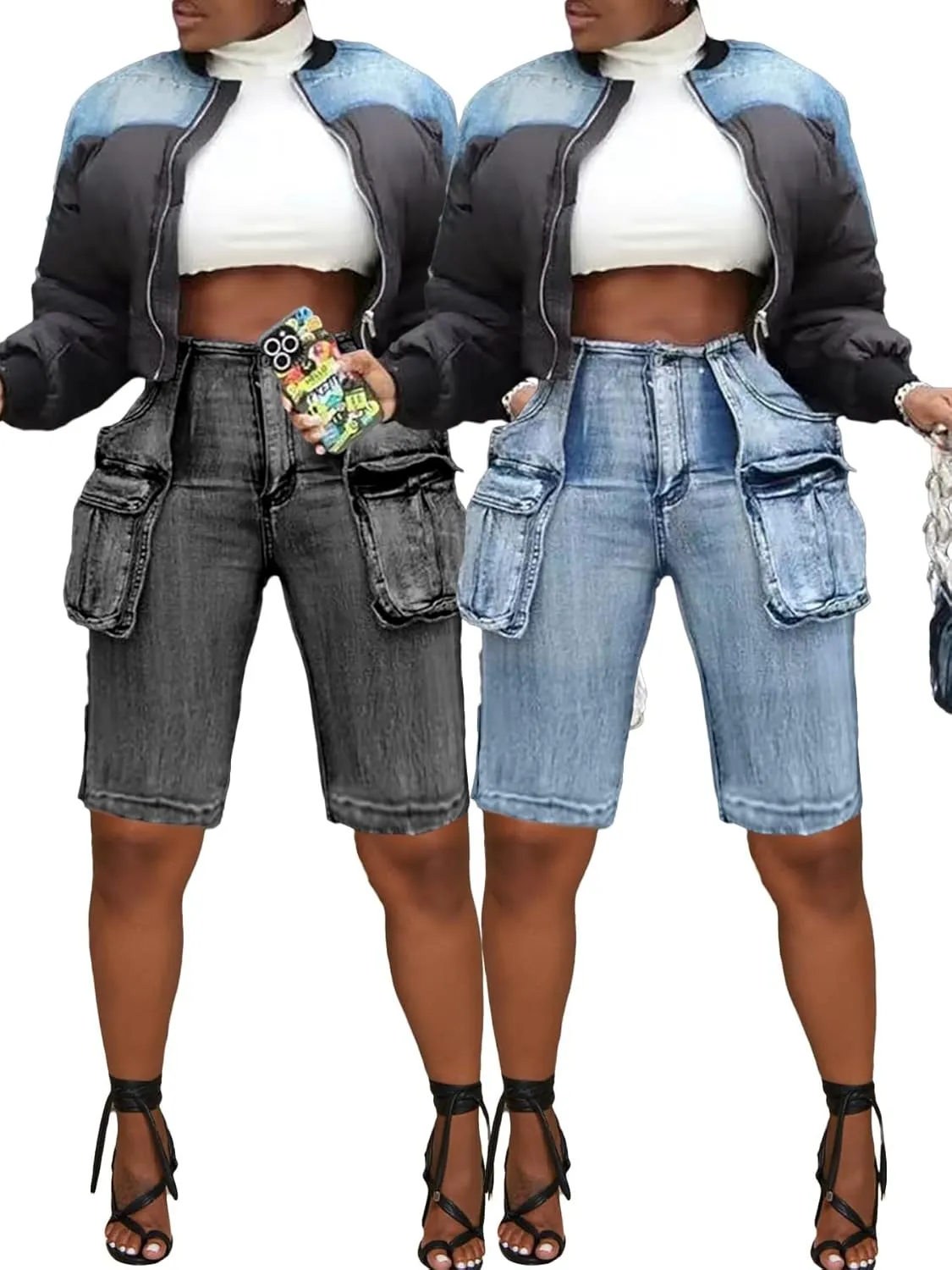 Women Knee Length Denim Shorts Casual High Waisted Jean Shorts Cargo Bermuda Jorts with Pockets Summer Shorts
