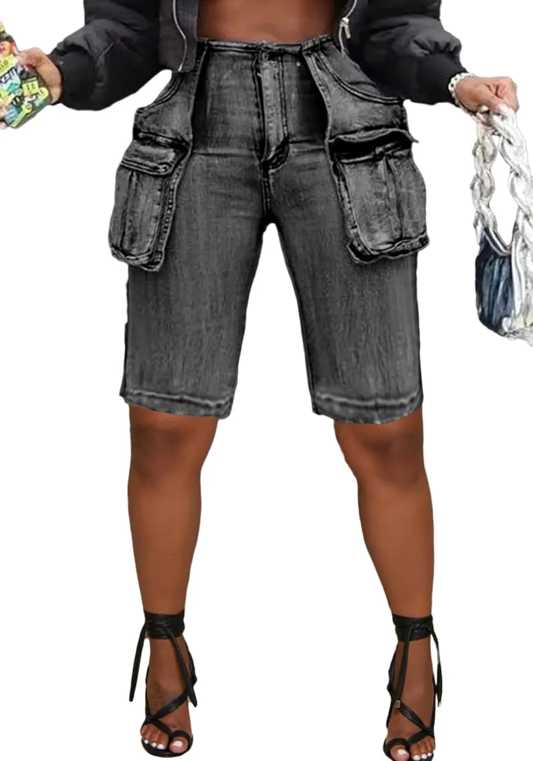 Women Knee Length Denim Shorts Casual High Waisted Jean Shorts Cargo Bermuda Jorts with Pockets Summer Shorts