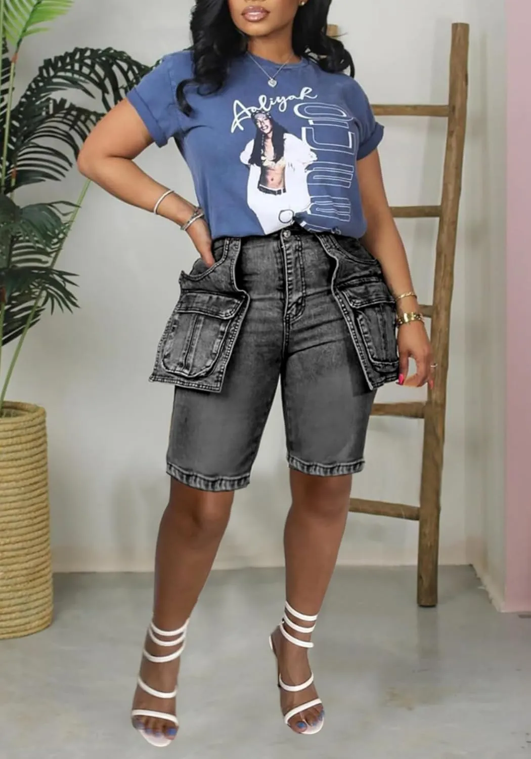 Women Knee Length Denim Shorts Casual High Waisted Jean Shorts Cargo Bermuda Jorts with Pockets Summer Shorts