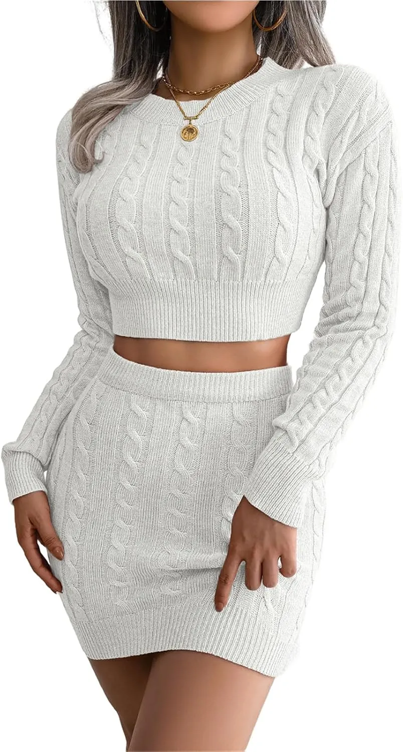 Women Knitted 2 Piece Outfits Sexy Bodycon Cable Knit Sweater Mini Skirt Set Long Sleeve Crop Tops Fall Jumper Sets