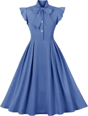 Women Notch Lapel Vintage V-Neck Cocktail Swing Dress 50s 60s Button up 1950s Rockabilly Prom Midi Evening Dress with Pockets