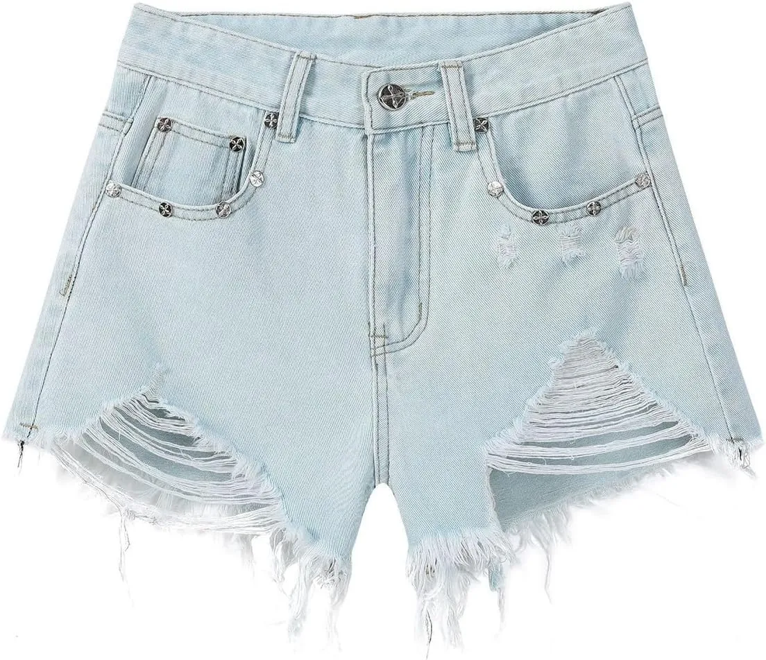 Women Ripped Denim Shorts Summer Casual High Waisted Short Jeans Loose Distressed Fashion Y2k Denim Shorts with Pockets