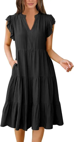 Women Ruffle Sleeve V Neck Midi Dresses Tiered Flowy A Line Casual Loose Beach Dress Pleated Sundress with Pocket