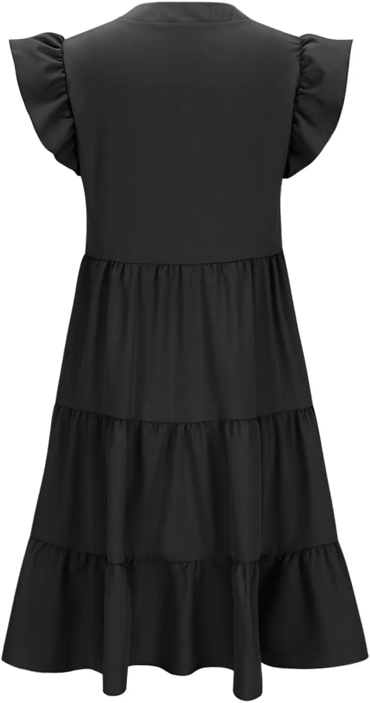 Women Ruffle Sleeve V Neck Midi Dresses Tiered Flowy A Line Casual Loose Beach Dress Pleated Sundress with Pocket