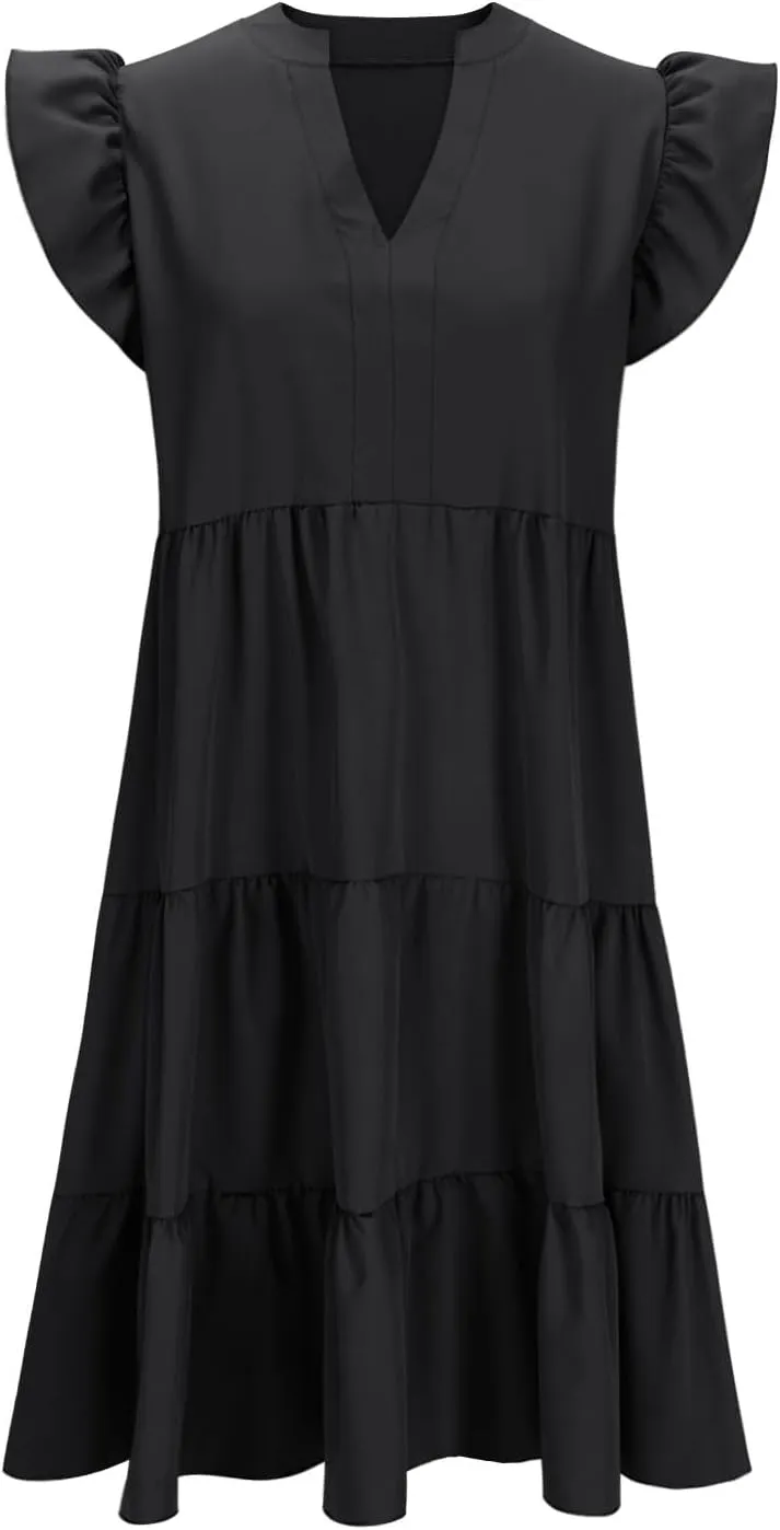 Women Ruffle Sleeve V Neck Midi Dresses Tiered Flowy A Line Casual Loose Beach Dress Pleated Sundress with Pocket
