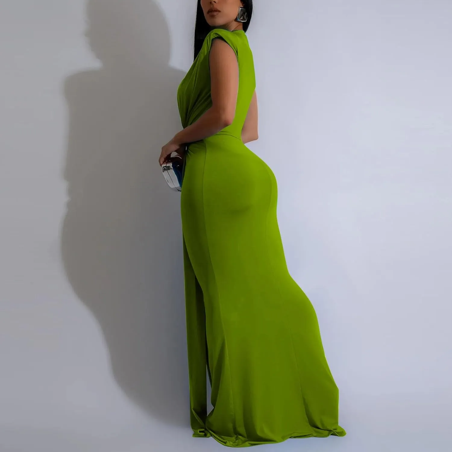 Women Sexy Deep V Sleeveless Dress Cocktail Gown Solid Wrap Long Dresses Shoulder Padded Elegant Evening Dress