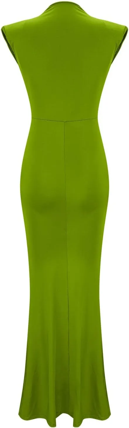 Women Sexy Deep V Sleeveless Dress Cocktail Gown Solid Wrap Long Dresses Shoulder Padded Elegant Evening Dress