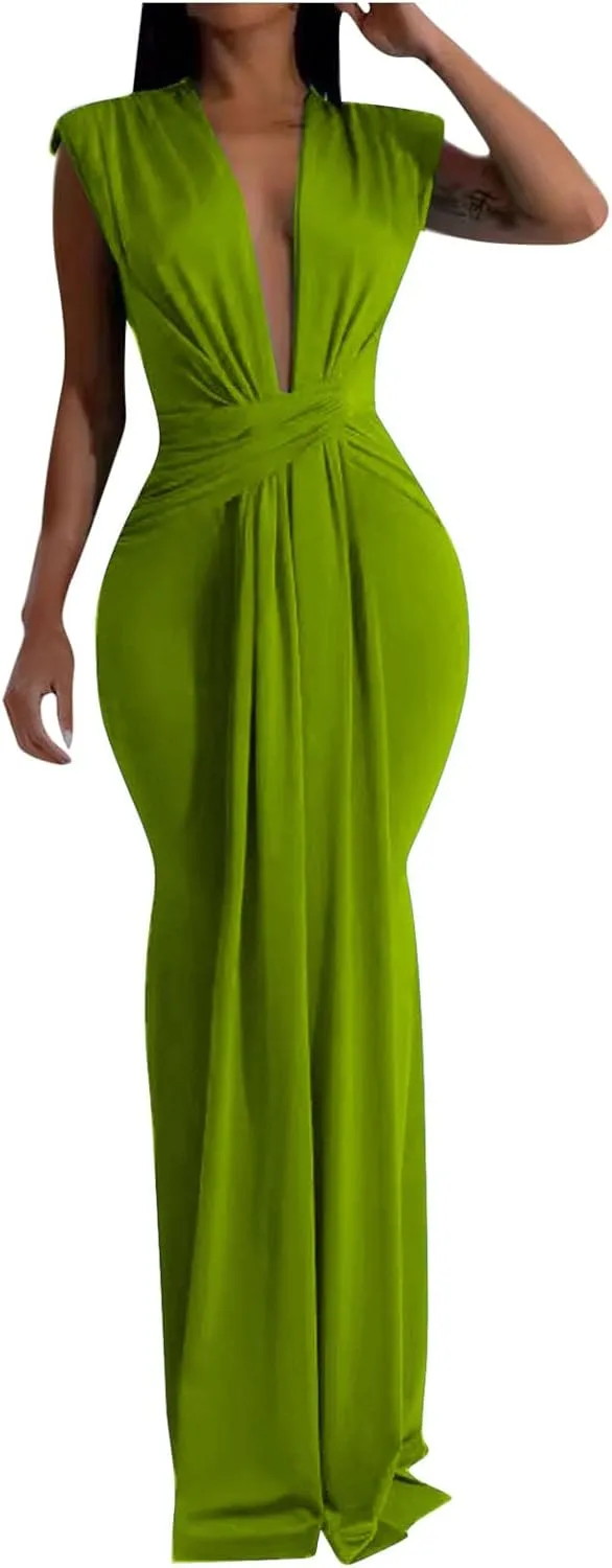 Women Sexy Deep V Sleeveless Dress Cocktail Gown Solid Wrap Long Dresses Shoulder Padded Elegant Evening Dress