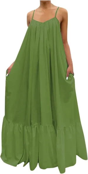 Women Spaghetti Strap Long Dresses Oversize Loose Sleeveless Hide Belly Ankle Length Flowy Swing Hem Maxi Dresses