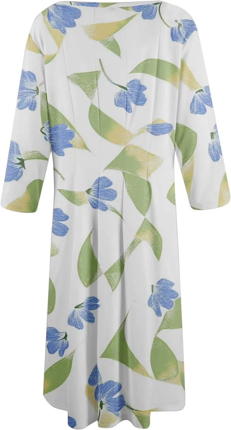 Women Spring Dresses Crewneck 3/4 Sleeve Midi Dresses Floral A Line Dress Summer Flowy Beach Dress with Pocket