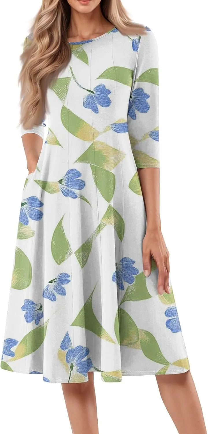 Women Spring Dresses Crewneck 3/4 Sleeve Midi Dresses Floral A Line Dress Summer Flowy Beach Dress with Pocket