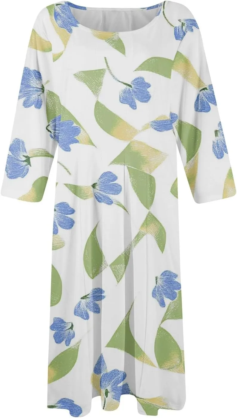 Women Spring Dresses Crewneck 3/4 Sleeve Midi Dresses Floral A Line Dress Summer Flowy Beach Dress with Pocket