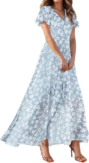 Women Summer Dresses High Waist Maxi Dress Chiffon Ruffle Sleeve Bohemian Dresses Vneck Tea Party Dress