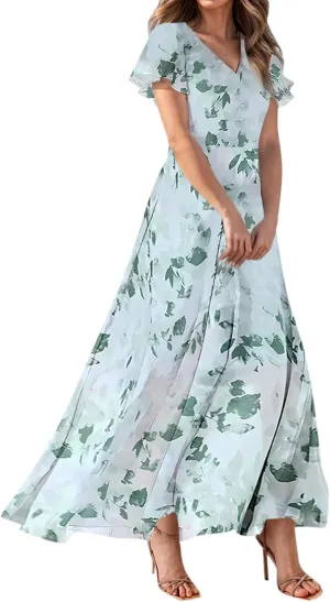 Women Summer Dresses High Waist Maxi Dress Chiffon Ruffle Sleeve Bohemian Dresses Vneck Tea Party Dress