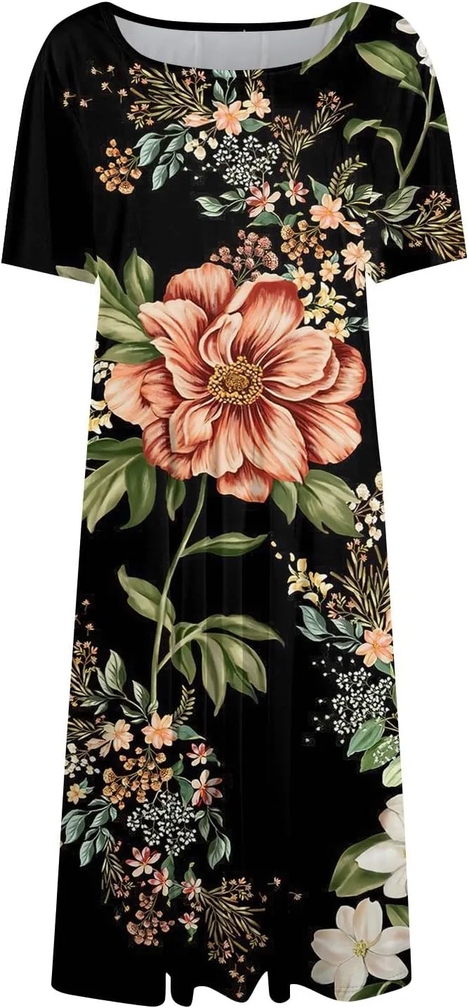 Women Summer Dresses Short Sleeve T Shirt Dress Round Neck Floral Print Pleated A-line Knee Length Vacation Sundress