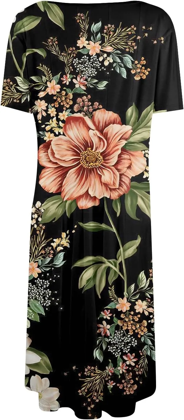 Women Summer Dresses Short Sleeve T Shirt Dress Round Neck Floral Print Pleated A-line Knee Length Vacation Sundress