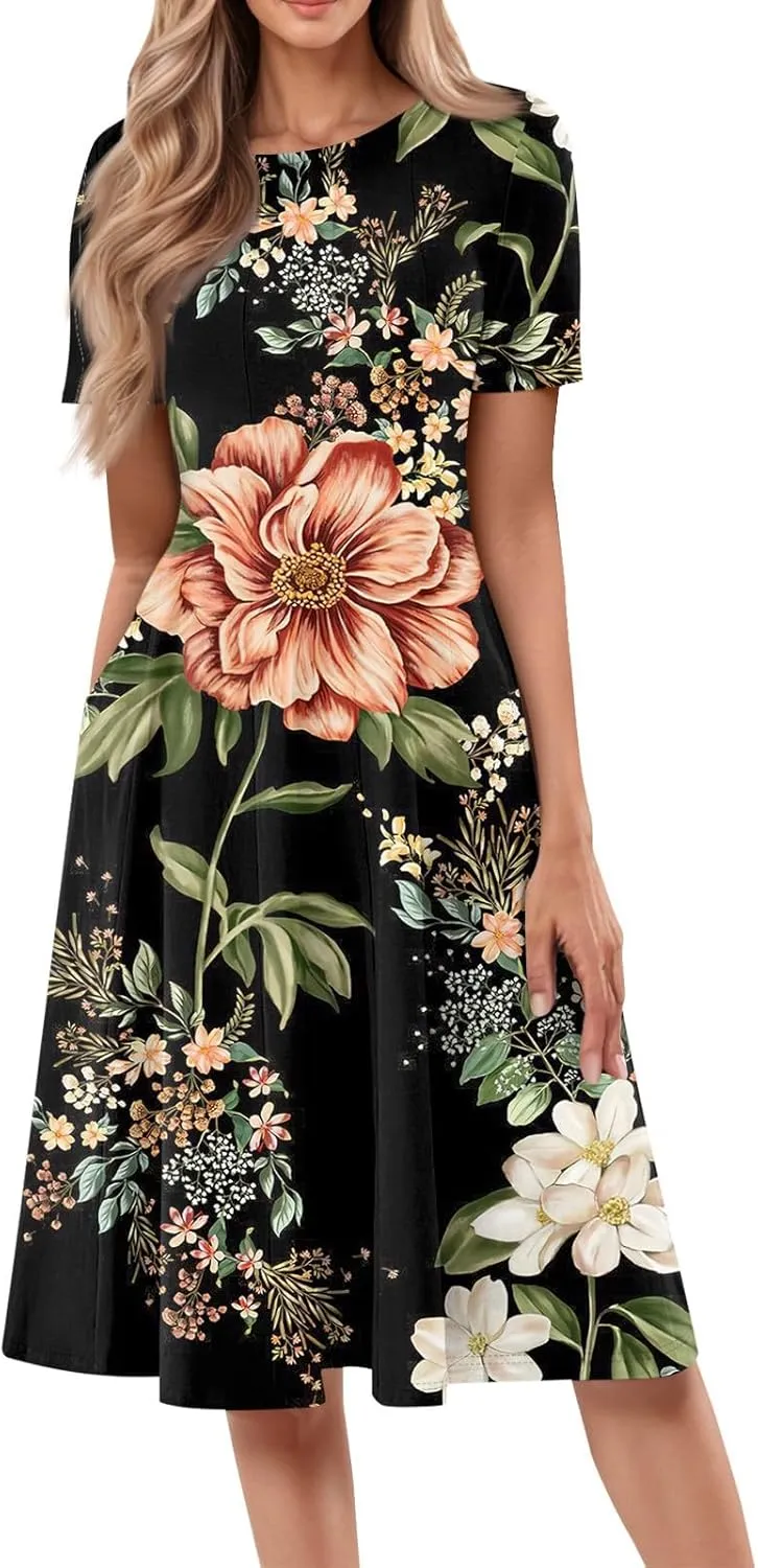 Women Summer Dresses Short Sleeve T Shirt Dress Round Neck Floral Print Pleated A-line Knee Length Vacation Sundress