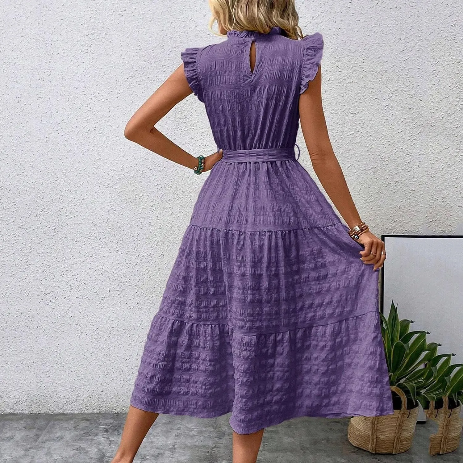 Women Summer Ruched Flowy Casual Dress, Fashion Sleeveless High Waist Slim Beach Sundress Cool Comfy Loose Dresses