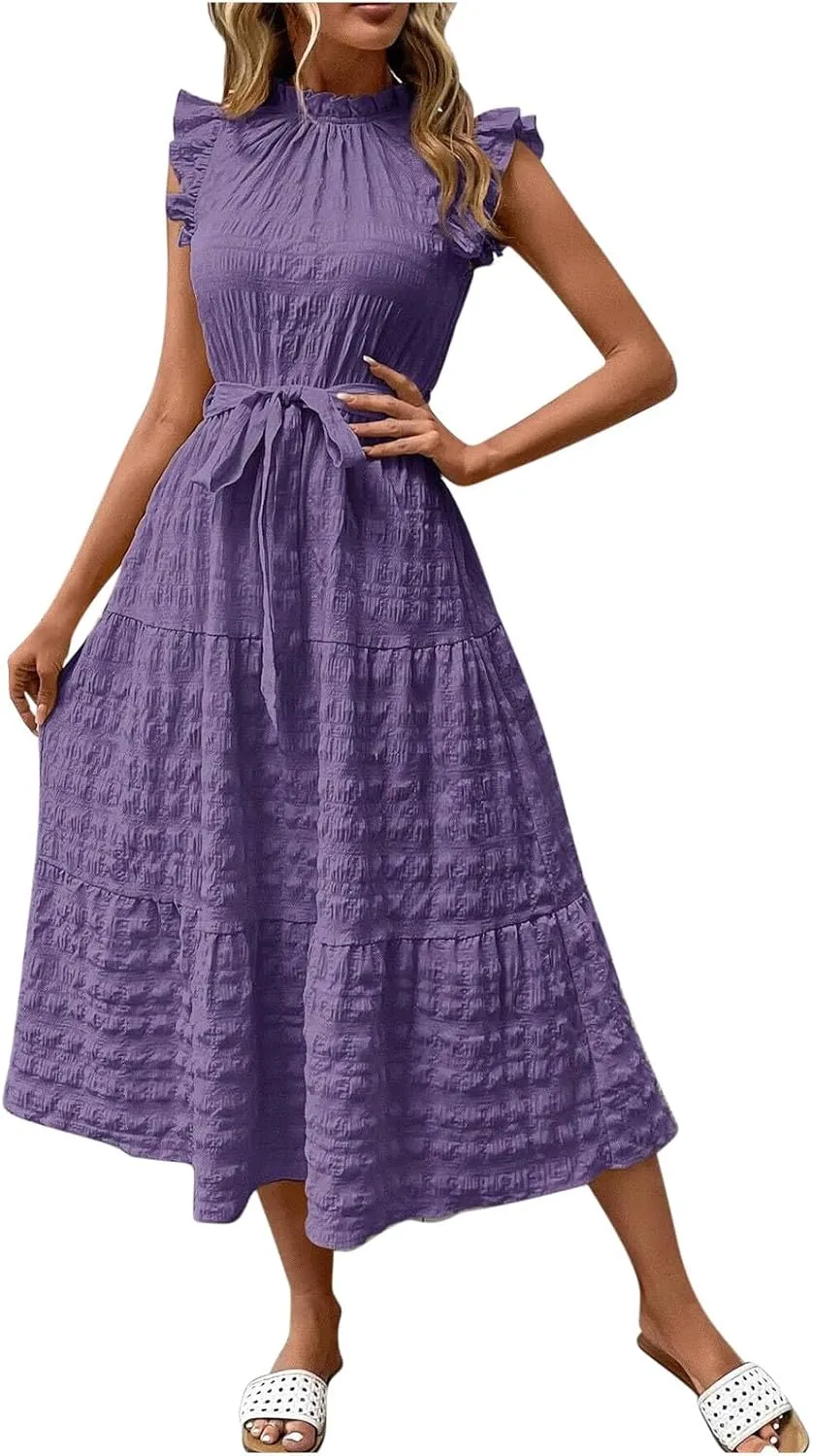 Women Summer Ruched Flowy Casual Dress, Fashion Sleeveless High Waist Slim Beach Sundress Cool Comfy Loose Dresses