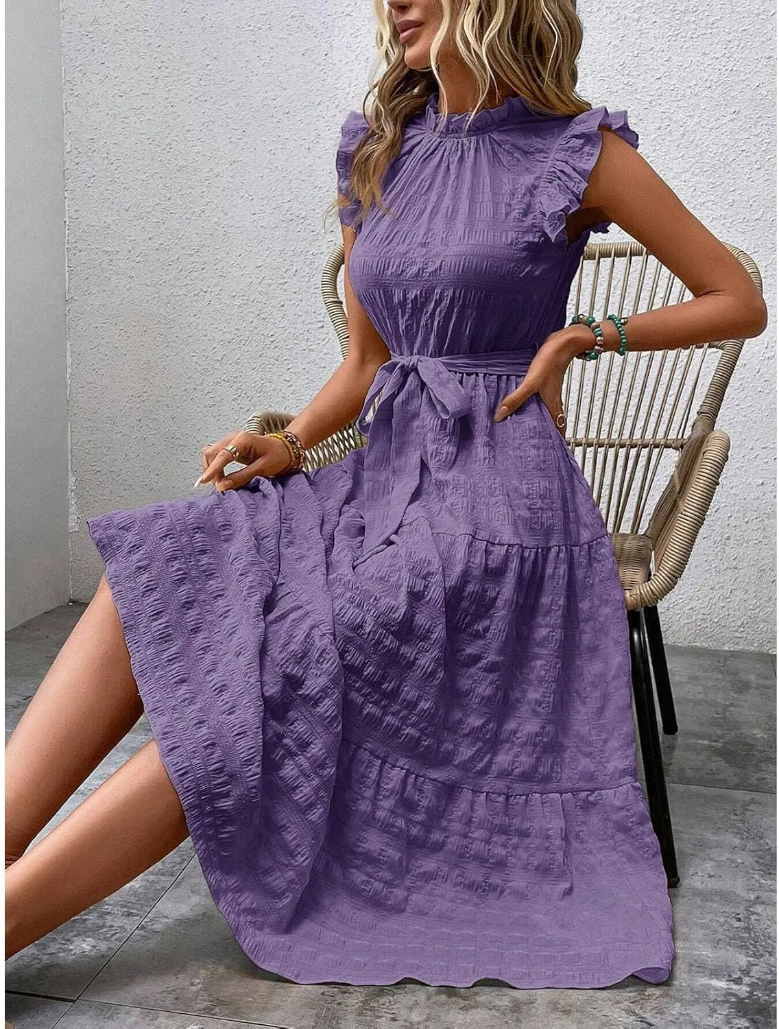 Women Summer Ruched Flowy Casual Dress, Fashion Sleeveless High Waist Slim Beach Sundress Cool Comfy Loose Dresses