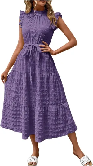 Women Summer Ruched Flowy Casual Dress, Fashion Sleeveless High Waist Slim Beach Sundress Cool Comfy Loose Dresses