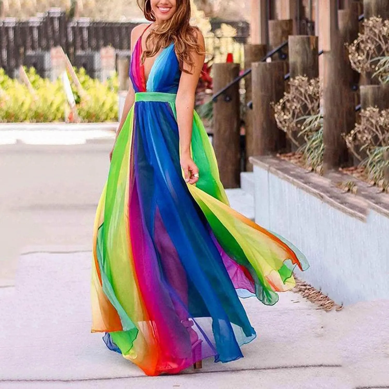 Women's 2025 Summer Dress Sexy Deep V Rainbow Loose Coverup Maxi Dresses Sun Skirt for Women Church Work Dresses