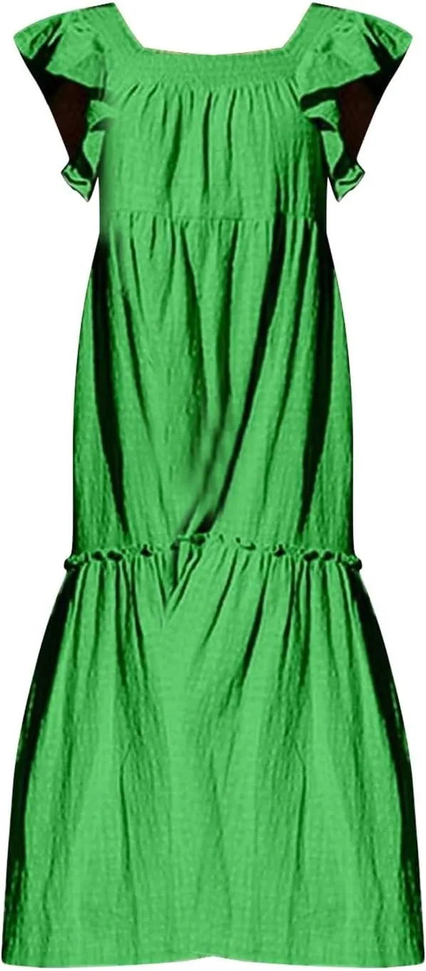 Womens Babydoll Maxi Dress Ruffle Cap Short Sleeve Dresses Tiered Pleated Swing Flowy Long Sundress Summer Outfits