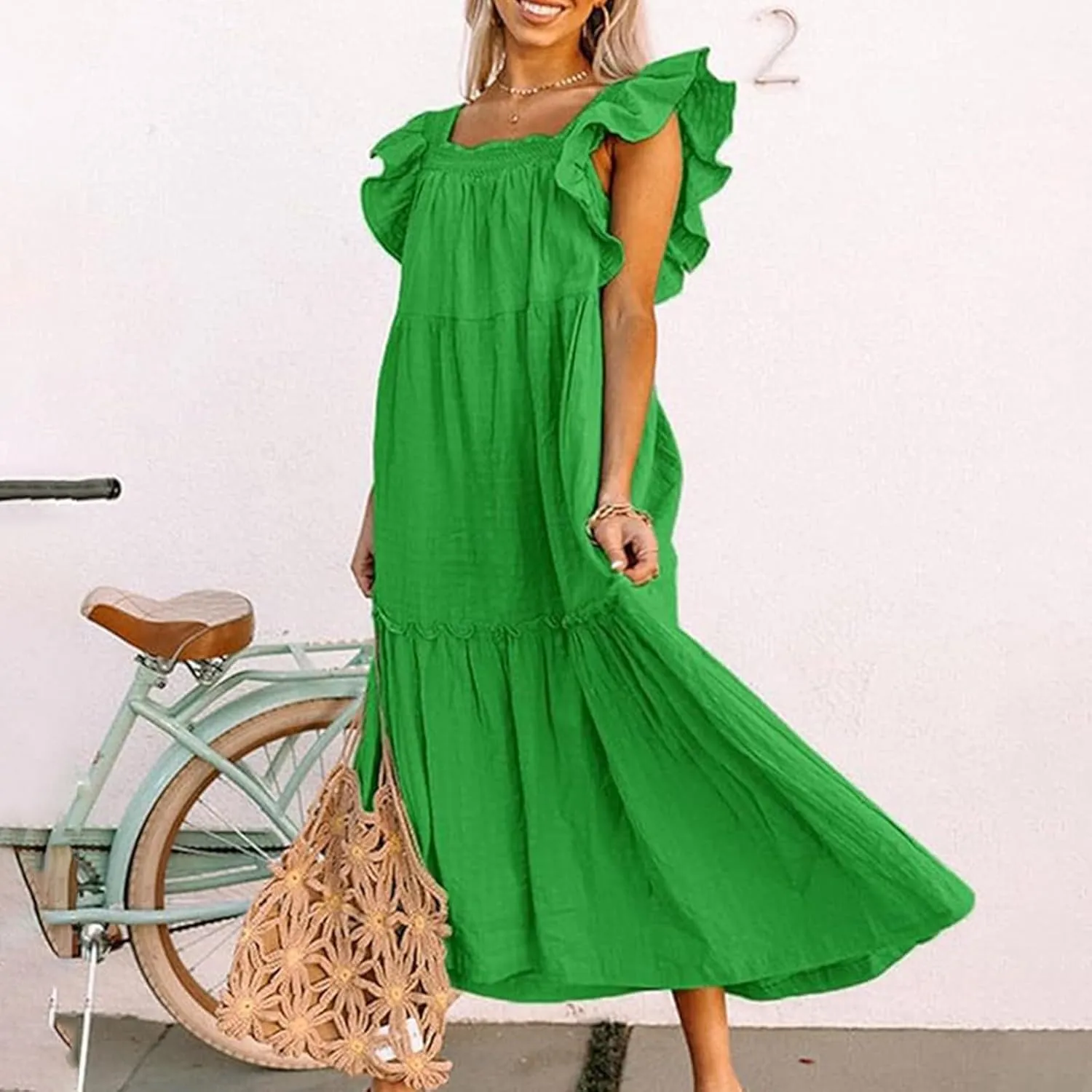 Womens Babydoll Maxi Dress Ruffle Cap Short Sleeve Dresses Tiered Pleated Swing Flowy Long Sundress Summer Outfits