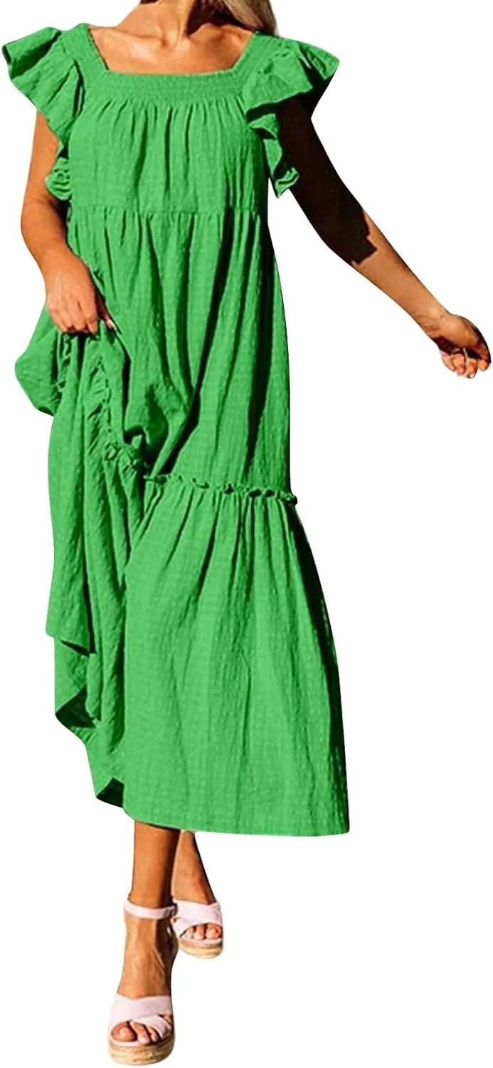 Womens Babydoll Maxi Dress Ruffle Cap Short Sleeve Dresses Tiered Pleated Swing Flowy Long Sundress Summer Outfits