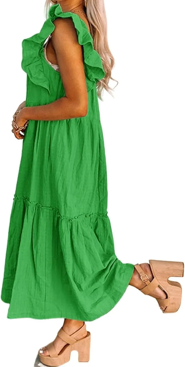 Womens Babydoll Maxi Dress Ruffle Cap Short Sleeve Dresses Tiered Pleated Swing Flowy Long Sundress Summer Outfits