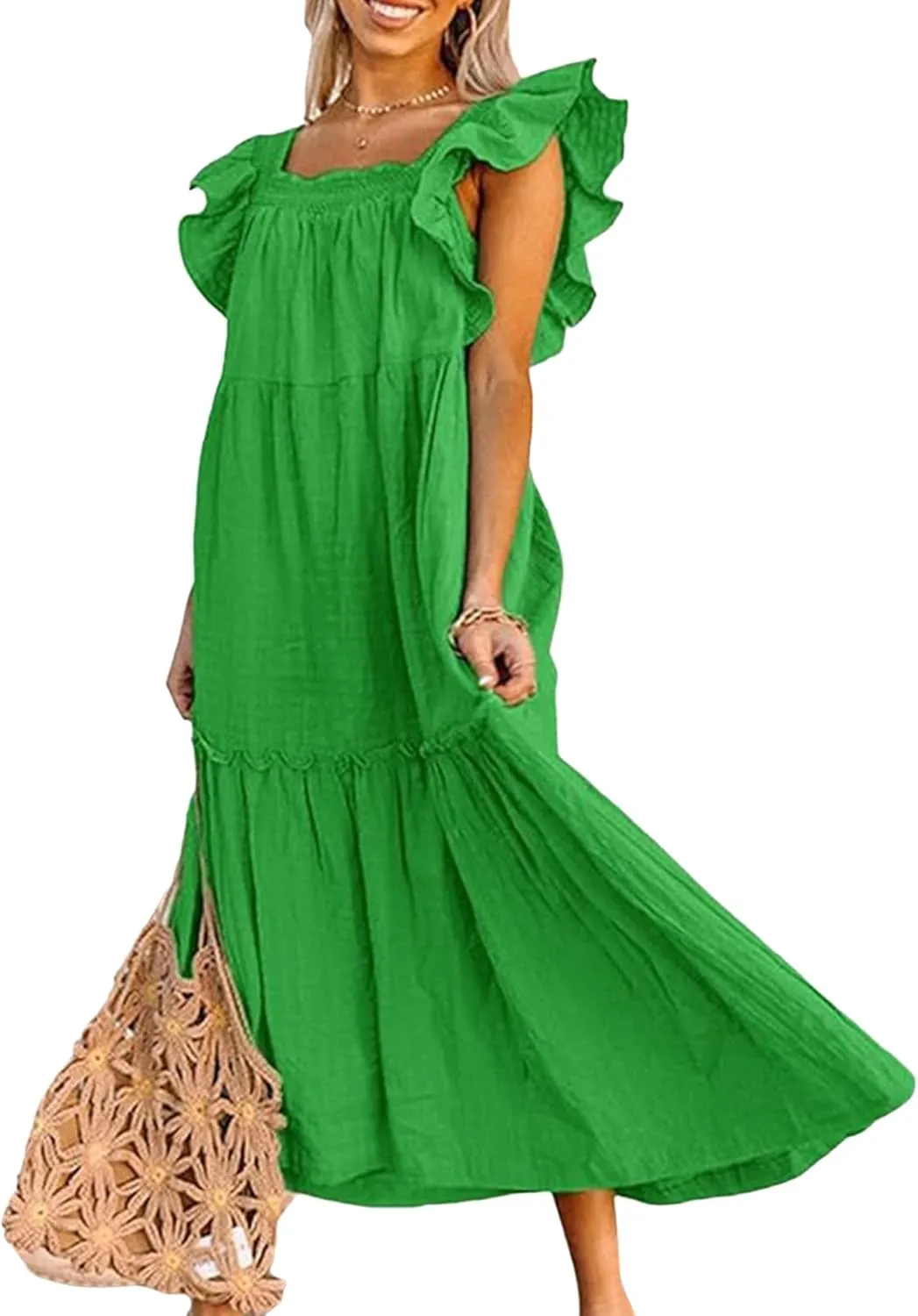 Womens Babydoll Maxi Dress Ruffle Cap Short Sleeve Dresses Tiered Pleated Swing Flowy Long Sundress Summer Outfits