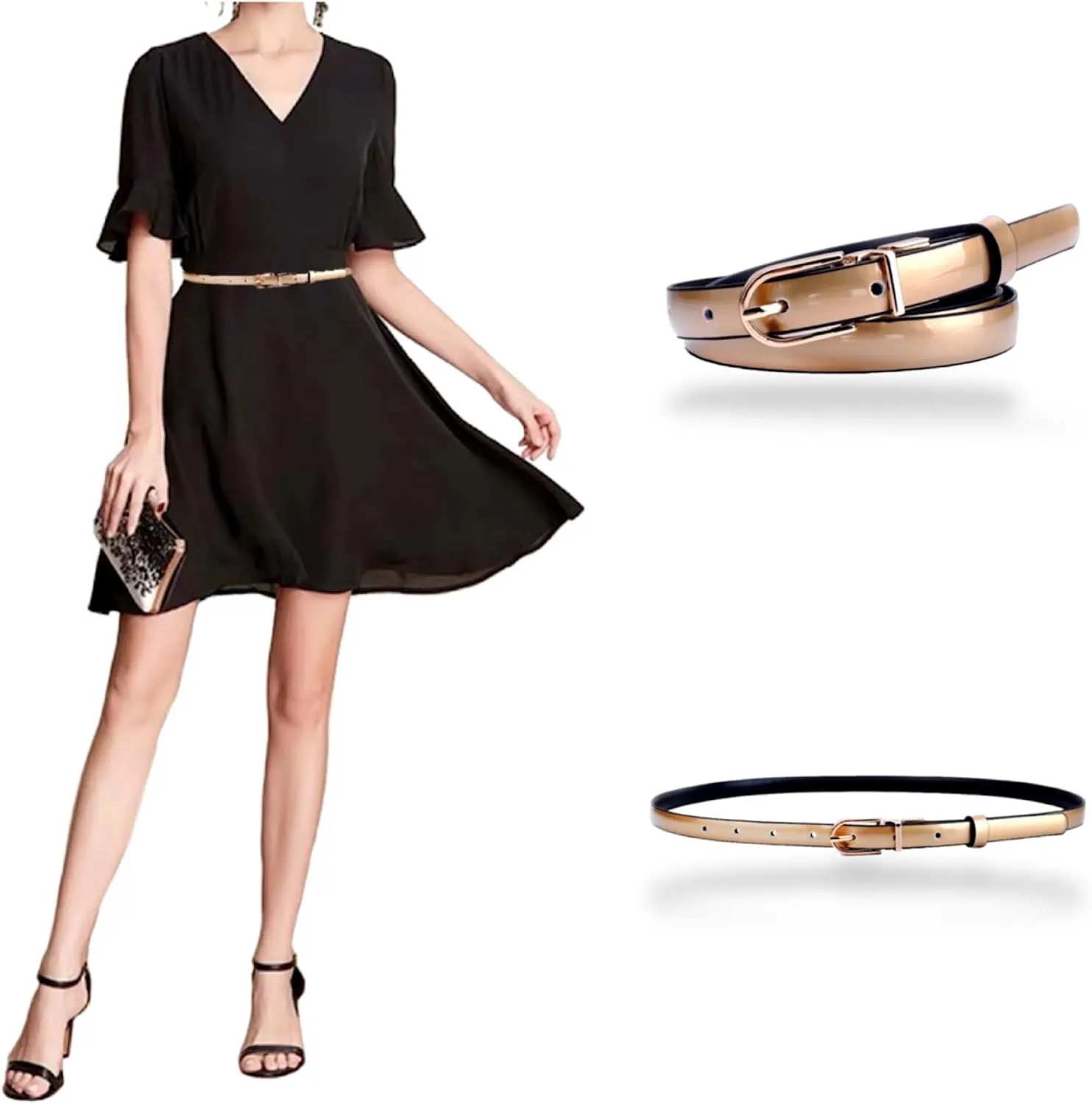 Women's Belts Skinny Patent Leather Belts Slim Reversible Waistband Twist To Convert Worn On Both Sides Gold Buckle