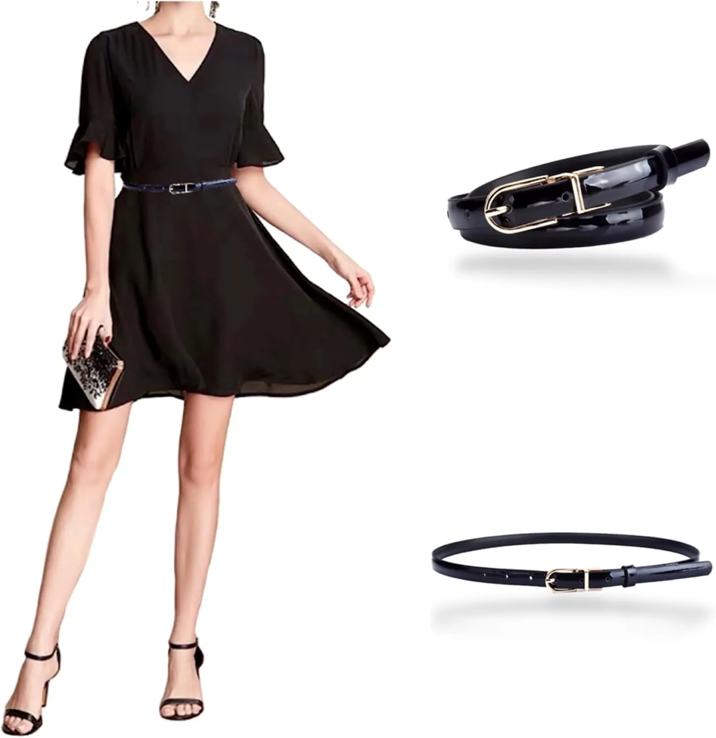 Women's Belts Skinny Patent Leather Belts Slim Reversible Waistband Twist To Convert Worn On Both Sides Gold Buckle
