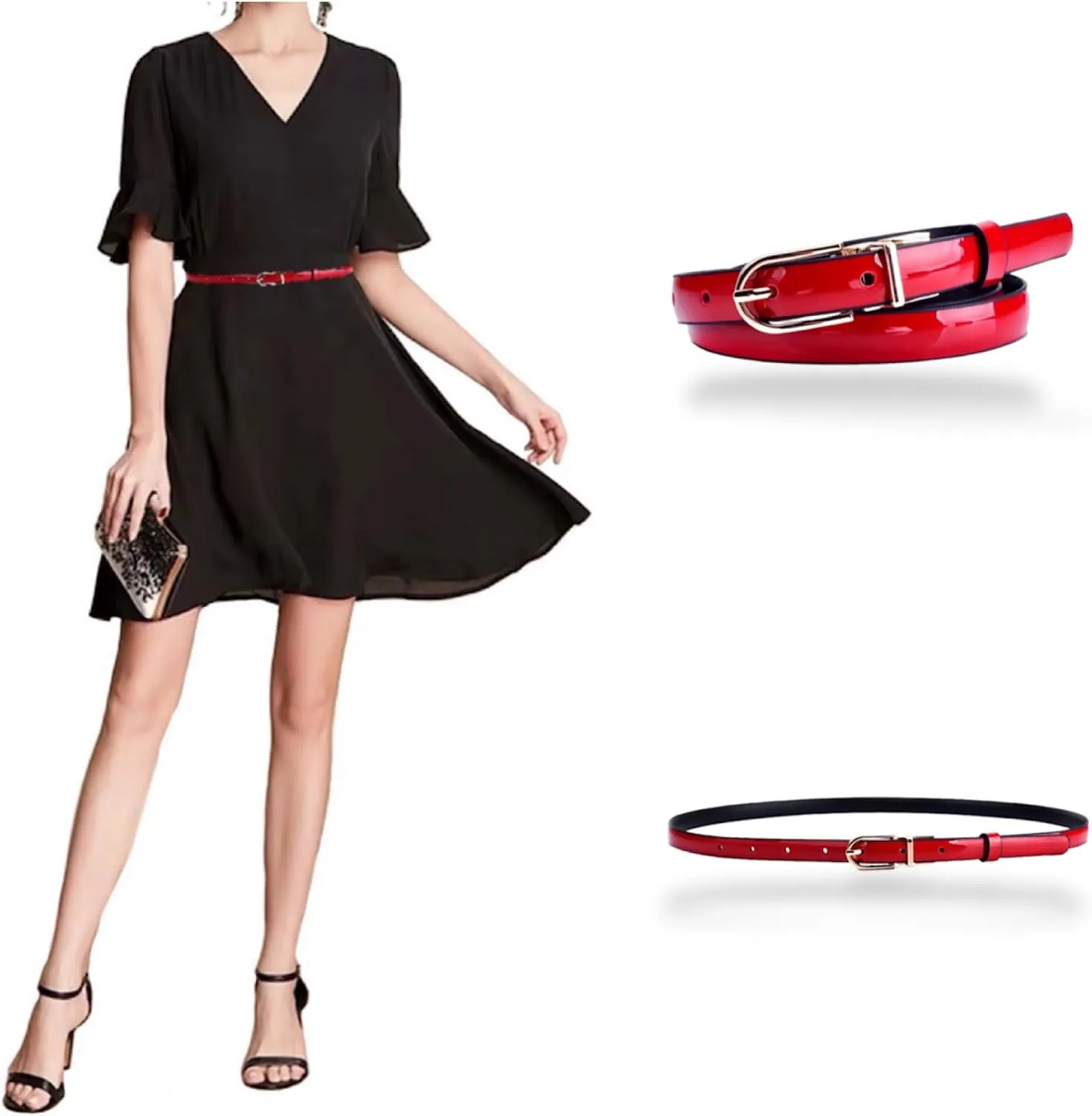 Women's Belts Skinny Patent Leather Belts Slim Reversible Waistband Twist To Convert Worn On Both Sides Gold Buckle