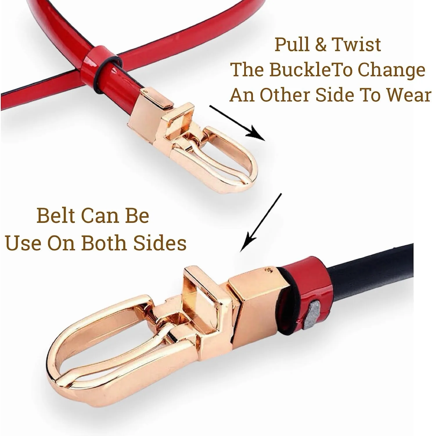 Women's Belts Skinny Patent Leather Belts Slim Reversible Waistband Twist To Convert Worn On Both Sides Gold Buckle