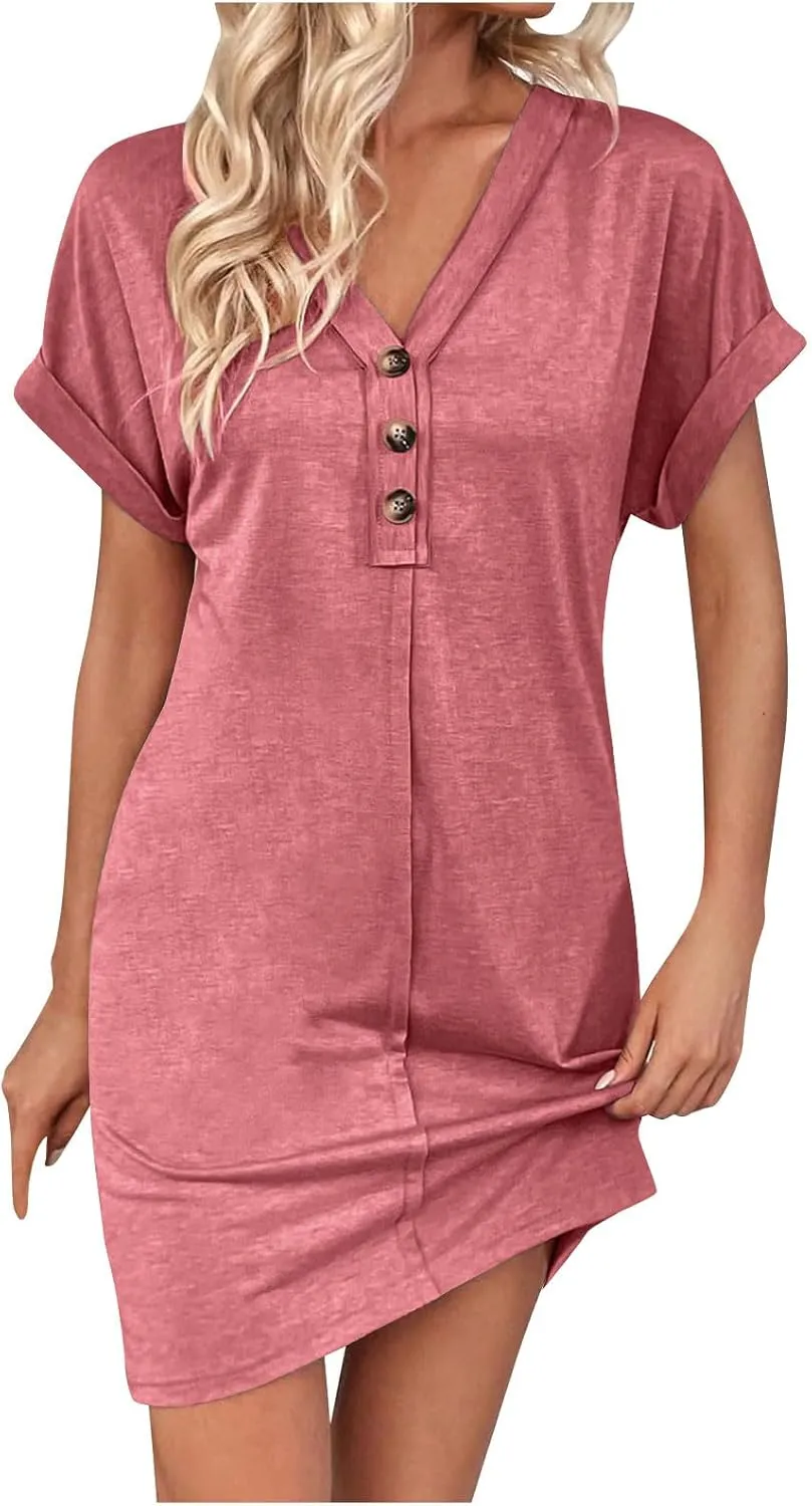 Women's Button Down Dresses Fashion Trendy Rolling Sleeve Dresses V Neck Solid Loose Fit Slimming Ladies Outwear