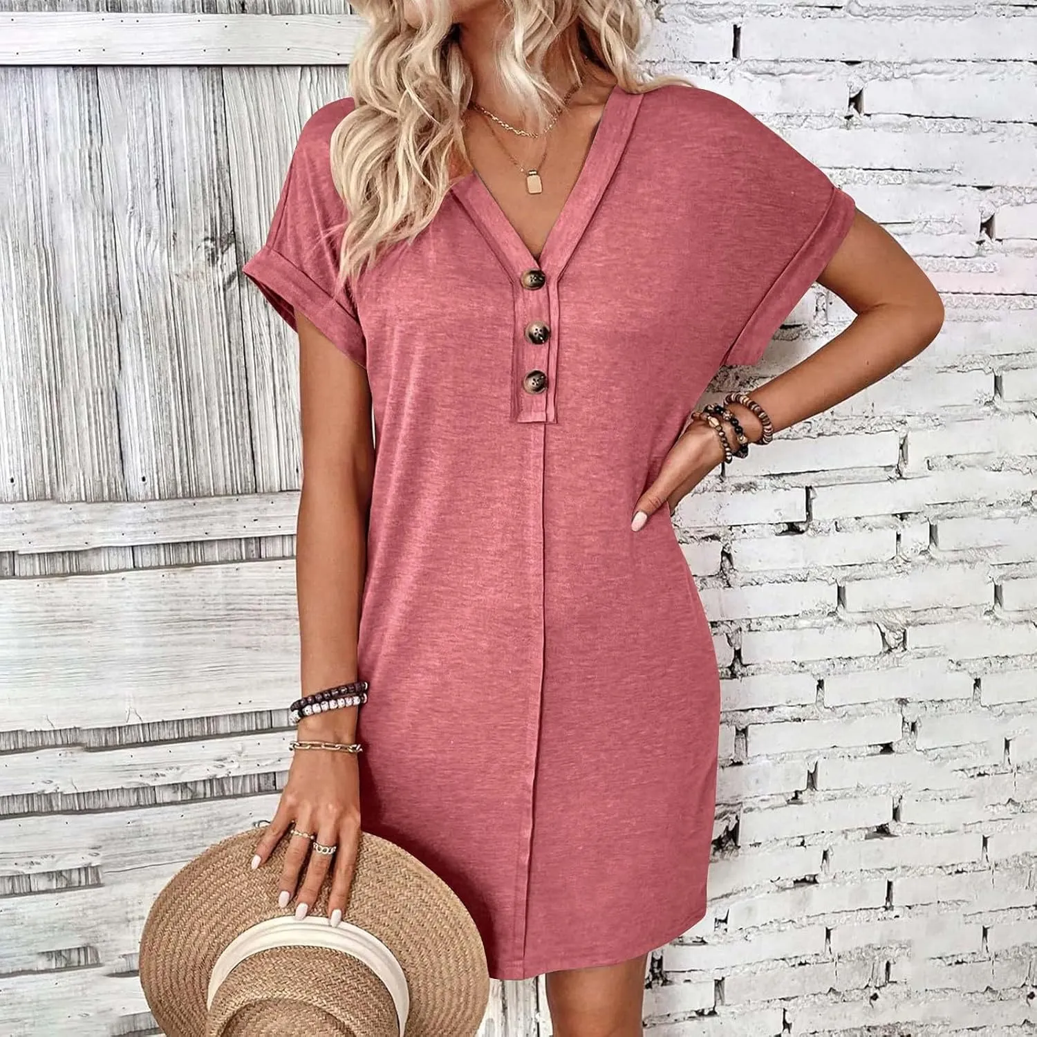 Women's Button Down Dresses Fashion Trendy Rolling Sleeve Dresses V Neck Solid Loose Fit Slimming Ladies Outwear